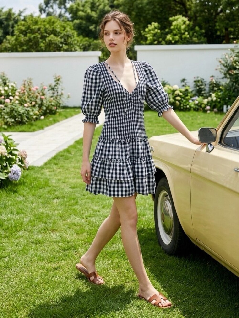 NWT Caroline Constas Gingham Smocked Mini Dress Size L Navy White